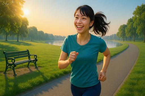 公園を走る女性 公園を走る女性の写真