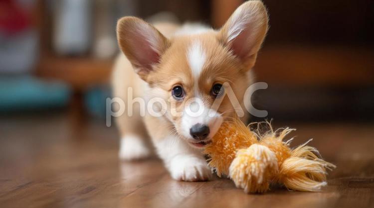 オモチャをくわえて遊ぶコーギーの子犬 コーギー,子犬,おもちゃの写真素材