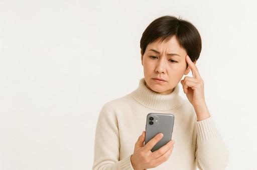 スマホを見て悩むセーターを着た中年女性 スマホを見て悩むセーターを着た中年女性の写真