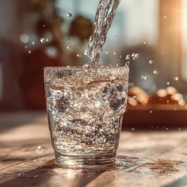 光が反射する冷たい一杯の氷水 水,グラス,氷の写真素材
