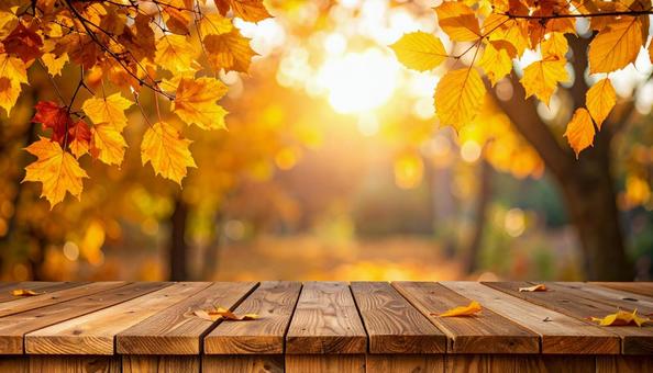 秋の紅葉と木のテーブル素材 秋の紅葉と木のテーブル素材の写真