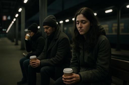 寒夜の駅とコーヒー待機 寒夜の駅とコーヒー待機の写真