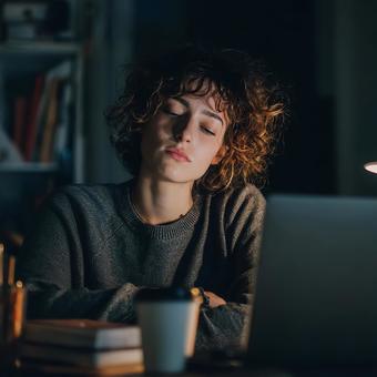 デスクで眠り込んでしまった疲れた若い女性の写真