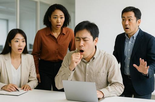 マスクをせず咳をする人と驚く周囲 マスクをせず咳をする人と驚く周囲の写真