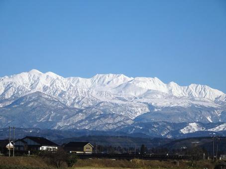 北アルプス立山連峰パノラマ 初冬,冬山,北アルプス立山連峰の写真素材