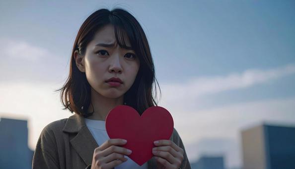 破れたハートを持って悲しそうな顔の女性 破れたハートを持って悲しそうな顔の女性の写真