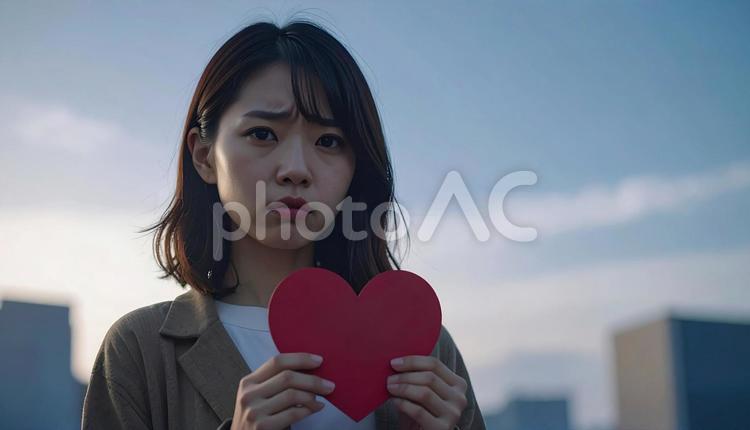 破れたハートを持って悲しそうな顔の女性 女性,ハート,別れの写真素材