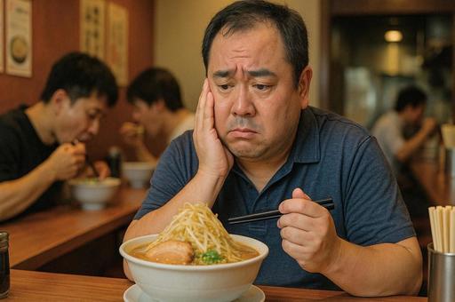 脂っこいラーメンを目の前に悩む男性 脂っこいラーメンを目の前に悩む男性の写真