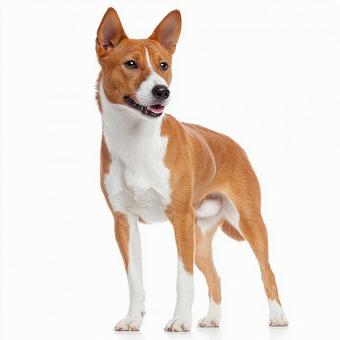 白い背景に立つバセンジー犬 白い背景に立つバセンジー犬の写真