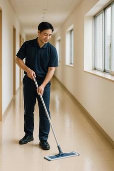廊下をモップがけする施設清掃スタッフの写真
