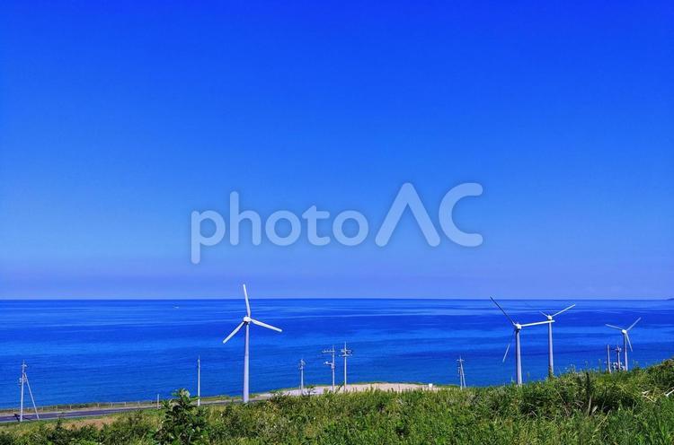 夏の青い海空と海岸沿いの小型風力発電施設 海,青空,夏の写真素材