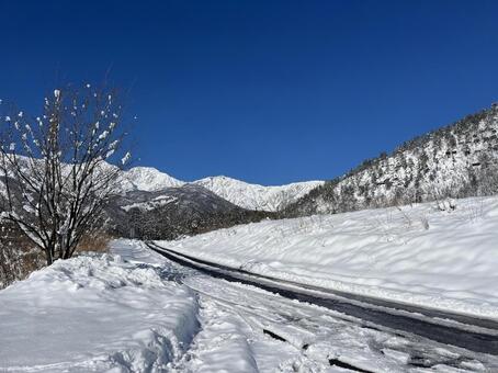 続く雪道を走る 雪道,雪景色,樹木の写真素材