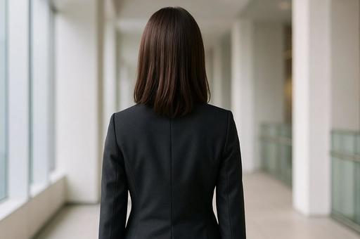 オフィスでビジネススーツ姿の女性の後ろ姿 オフィスでビジネススーツ姿の女性の後ろ姿の写真