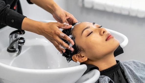 美容院でシャンプーされる女性の写真