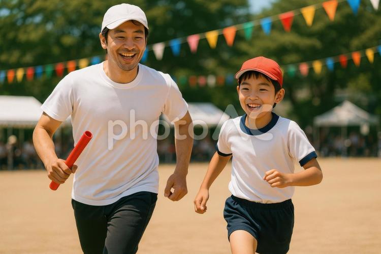 保護者と一緒に走る親子競技のシーン 親子競技,小学生,保護者の写真素材