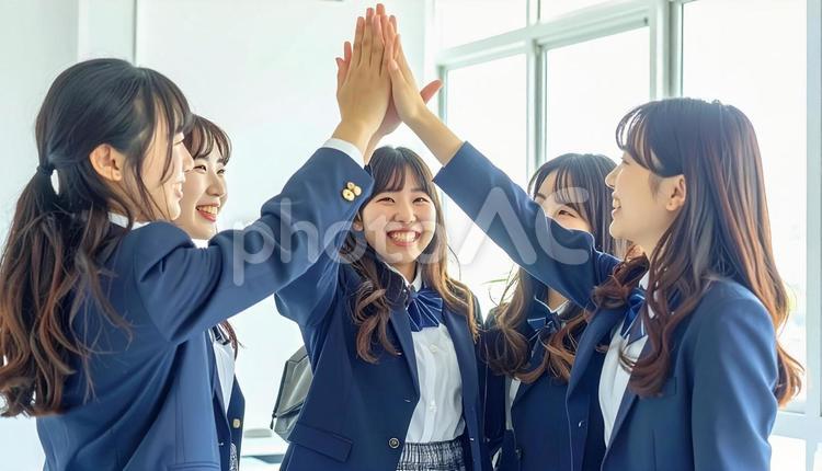 喜びを分かち合う学生 ハイタッチ,学生,高校生の写真素材