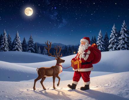 プレゼントを運ぶサンタクロースとトナカイ プレゼントを運ぶサンタクロースとトナカイの写真