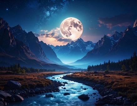 山岳地帯の満月の夜の写真素材 山岳地帯の満月の夜の写真素材の写真