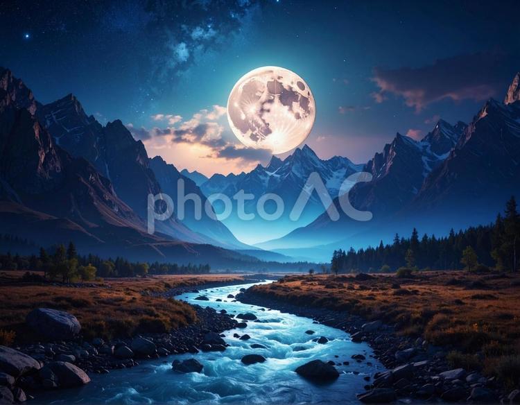 山岳地帯の満月の夜の写真素材 満月,ムーン,月光の写真素材