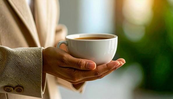 コーヒーカップを手にする女性の手 コーヒーカップを手にする女性の手の写真
