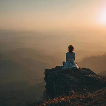 朝日を浴びて精神統一する女性の写真
