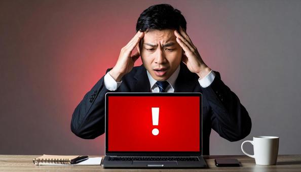エラー表示に頭を抱え困惑するビジネスマン エラー表示に頭を抱え困惑するビジネスマンの写真
