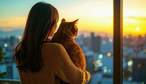 室内でネコを抱いて窓から景色を眺める女性 室内でネコを抱いて窓から景色を眺める女性の写真