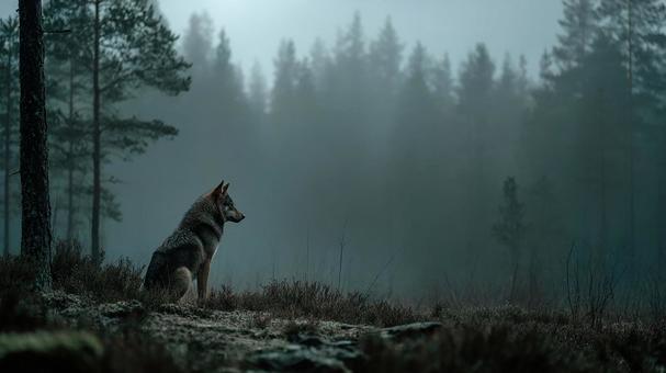 霧深い森のオオカミ 霧深い森のオオカミの写真