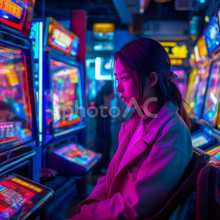 夜ゲームセンターで1人画面を見つめる女性 女性,美人,フリー画像の写真素材