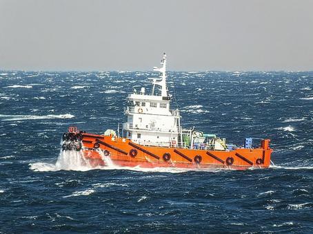 Photo, tugboat, stormy weather, white waves, 