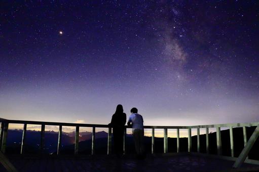 星空の下で 星空の下で 夜空,天の川,2人の写真素材