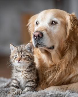 寄り添う猫と犬 寄り添う猫と犬の写真