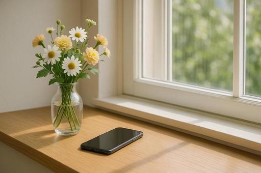 窓辺の花瓶とスマホ 窓辺の花瓶とスマホの写真