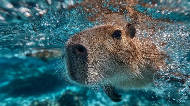 水中から見た、リラックスして泳ぐカピバラ 水中から見た、リラックスして泳ぐカピバラの写真