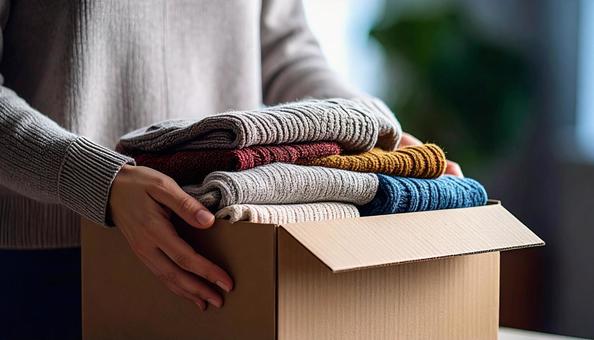 段ボールに古い衣類を詰めた女性の手の写真