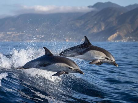 青い海を舞うイルカたち 青い海を舞うイルカたちの写真