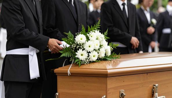 葬式でお棺に白い花束を入れる人の手もと 葬式でお棺に白い花束を入れる人の手もとの写真