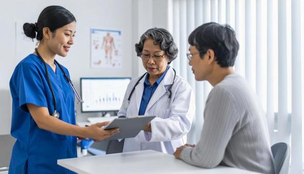 手術前に患者に手術同意書を渡す医師 手術前に患者に手術同意書を渡す医師の写真