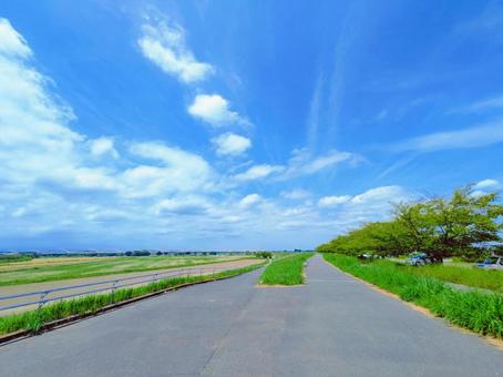 青空とサイクリングロード 青空とサイクリングロード 空,青空,雲の写真素材