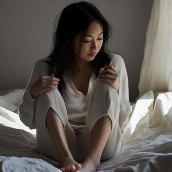 寝起きの女性の写真