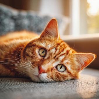 茶色と白の縞模様の猫が家の中でリラックス 茶色と白の縞模様の猫が家の中でリラックスの写真