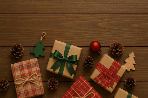 木目背景のクリスマスプレゼント 木目背景のクリスマスプレゼントの写真