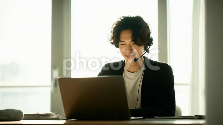 リモートワークで会議に参加する日本人 リモートワーク,オンライン会議,テレワークの写真素材
