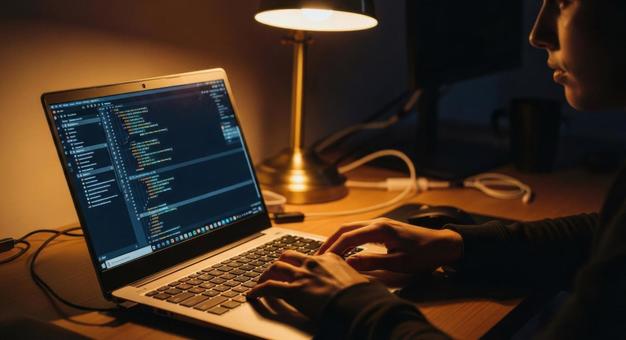 ノートパソコンでコードを書くプログラマーの写真