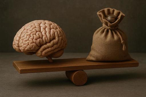 知恵と富の均衡（脳とお金の天秤）の写真