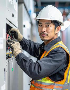 配電盤設置工事をする人 配電盤設置工事をする人の写真