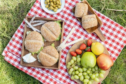 赤い布の上に並べられたパンやフルーツ ピクニック,ぶどう,いちごの写真素材