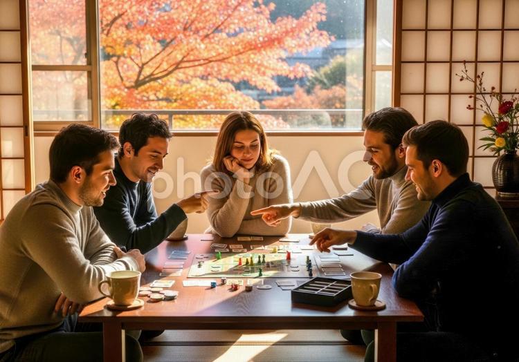 若者が和室でカードゲームを楽しむ様子 友人,若者,グループの写真素材