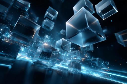 A cube floating in a gravity-free digital space, cube, no gravity, background, JPG