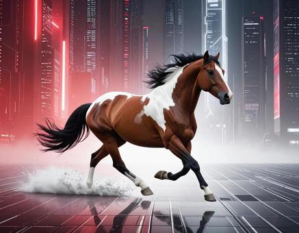 午年フォト・未来都市を駆ける馬（紅白）の写真